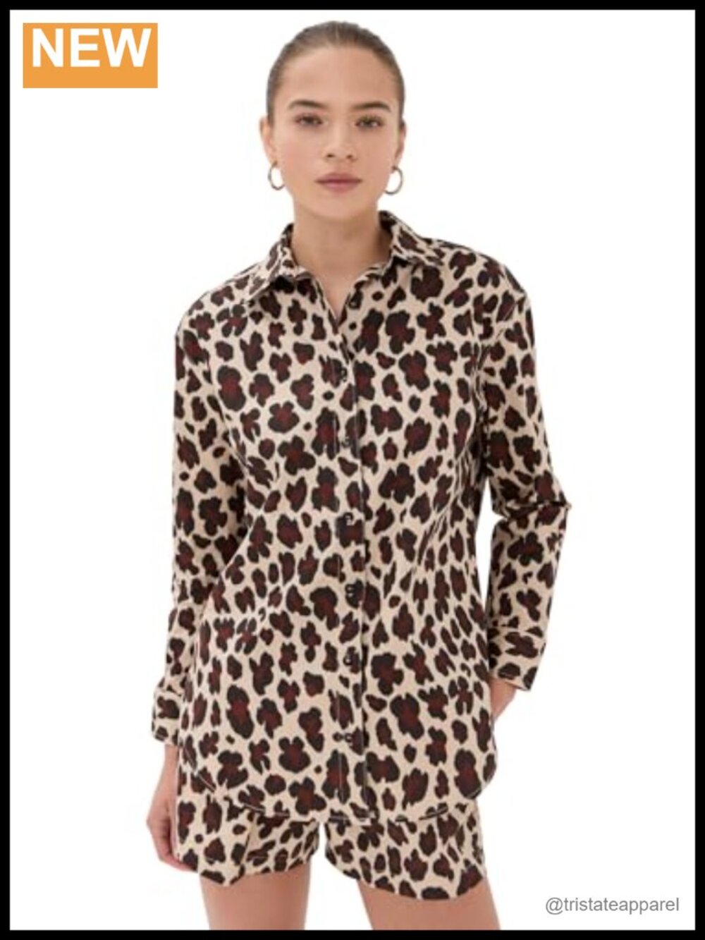 Women's Button Down Shirt Leopard Print Stretch Poplin Long Sleeve